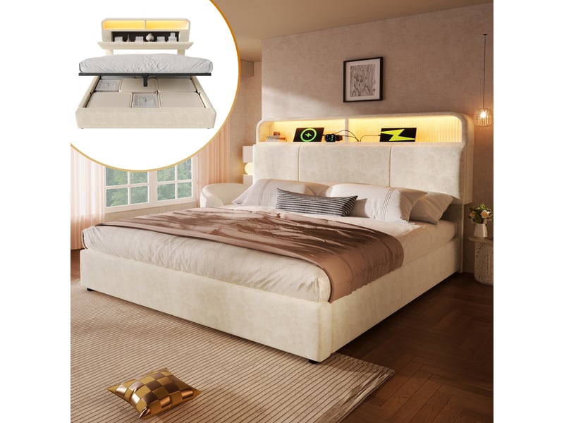  Lit coffre hydraulique 140x190 cm rembourré en velours beige avec tête de lit rangement réglable, led, usb-c et sommier à lattes Morn Vibe - Conforama B