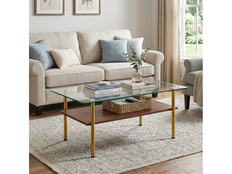 Table basse rectangulaire 98x58 cm en verre trempé, mdf et métal doré brun  - Conforama D