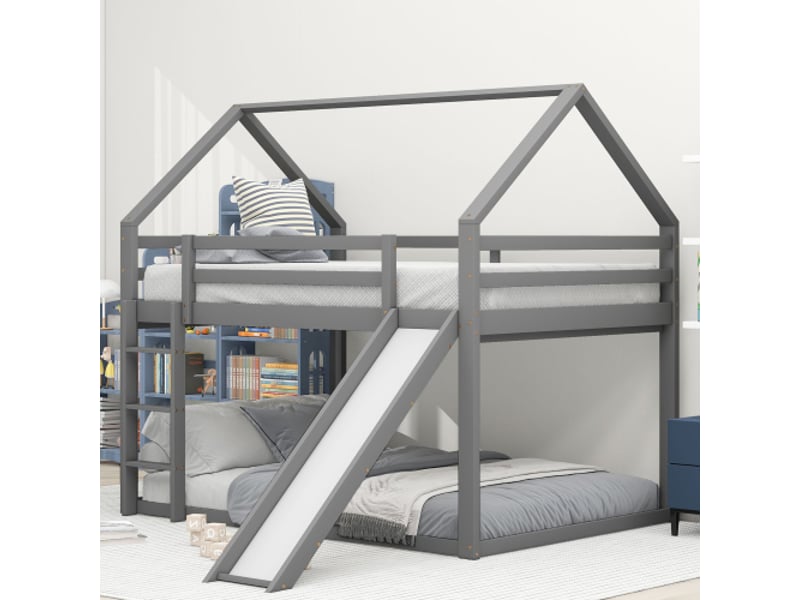 Lit superposé enfant 140x200 avec toboggan et échelle, en pin, charge de 150 kg, protection antichute, gris, sans matelas - Conforama A