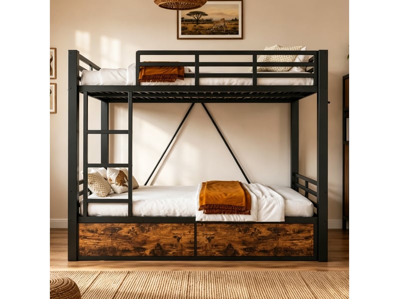  Lit superposé métal 140x200cm - tiroirs rangement - garde-corps - structure robuste - noir Seren Glow - Conforama B