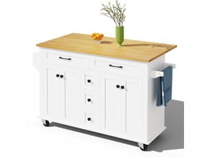 Desserte de cuisine 140x65x89 cm blanche et naturelle avec plateau rabattable