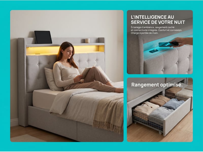  Lit 2 places 180 x 200 cm - cuir pu - tête de lit avec led et usb  - Conforama E