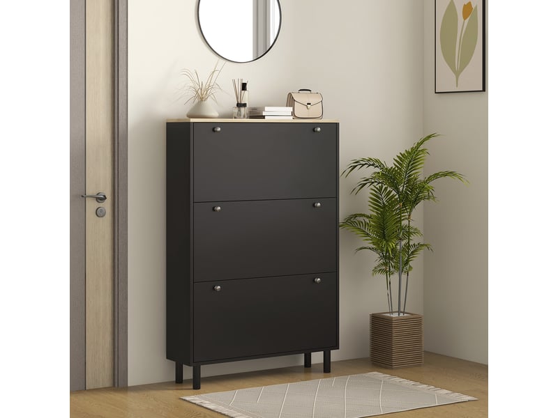  Meuble à chaussures 24 paires, armoire à chaussures étroite avec 3 tiroirs rabattables, étagères réglables, noir  - Conforama C