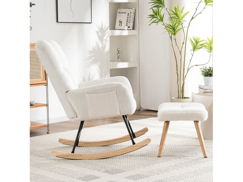  Fauteuil à bascule 64x94x92cm confortable et doux, cadre en bois d'hévéa, capacité 250 lb, blanc, revêtement teddy, avec repose-pieds  - Conforama B