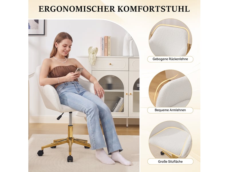  Chaise de bureau pivotante en tissu bouclette blanc, réglable en hauteur, base dorée et rotation 360°  - Conforama D