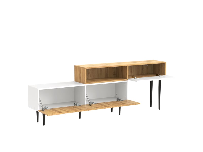  Meuble tv moderne modulable 2 pièces, longueur réglable, effet bois et blanc mat, pieds en métal noir, polyvalent  - Conforama E
