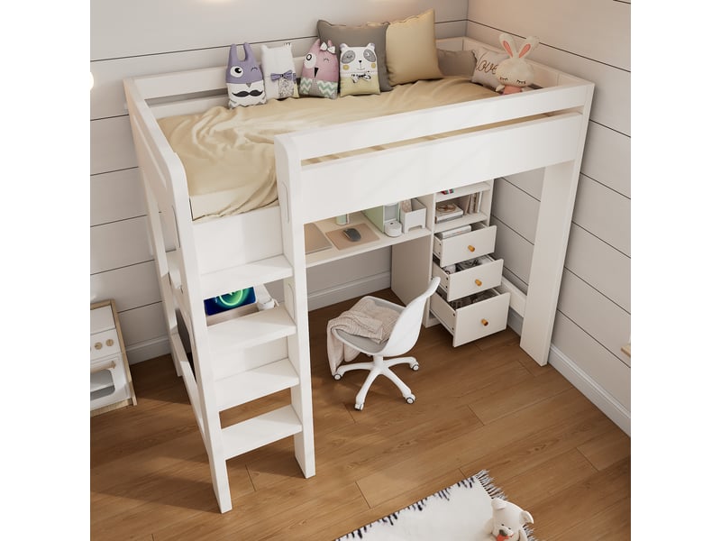  Lit mezzanine 90x200 cm - lit simple avec bureau en l, échelle et rangements intégrés, tiroirs pratiques - mdf - blanc - sans matelas  - Conforama B