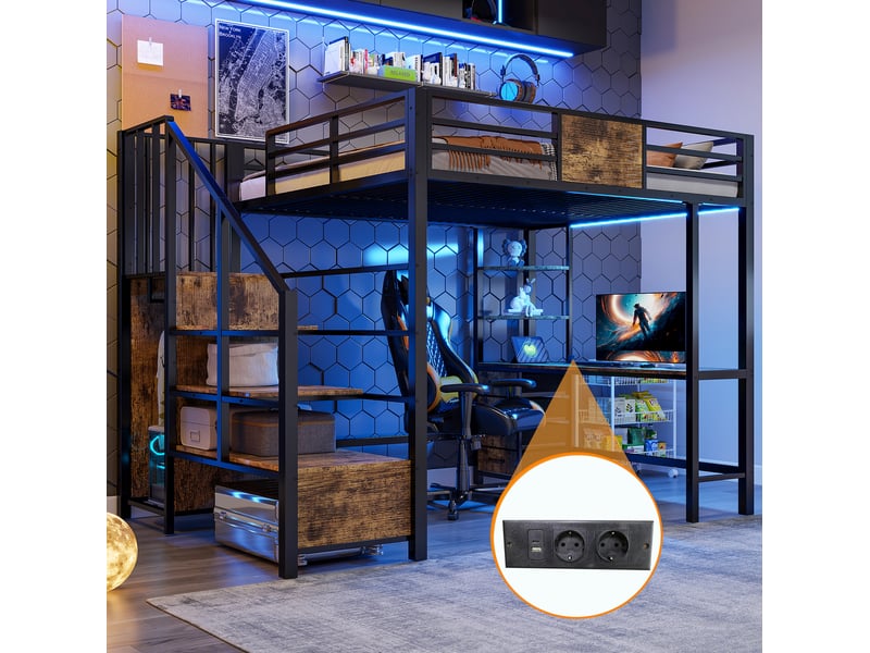  Lit mezzanine 140x200 cm en métal – noir – bureau, rangements, penderie, éclairage led et prise intégrés  - Conforama E