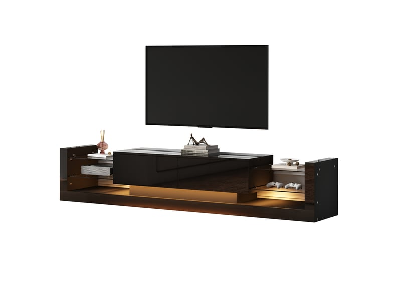  Banc tv modenvie 181 x 38 x 38 cm avec led, façade en verre et 2 tiroirs abattants noir  - Conforama A