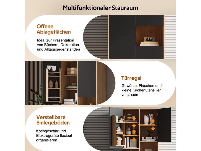  Armoire de cuisine haute 75x40x170cm, étagères réglables, niche ouverte et rangements de porte, design sans poignées, noir et bois naturel, cuisine  - Conforama E