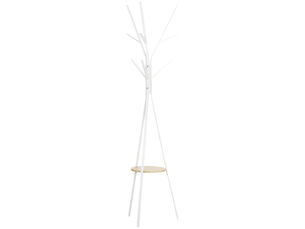 Porte-manteau trépied design contemporain branches étagère + 9 patères dim. 45l x 45l x 180h cm blanc métal