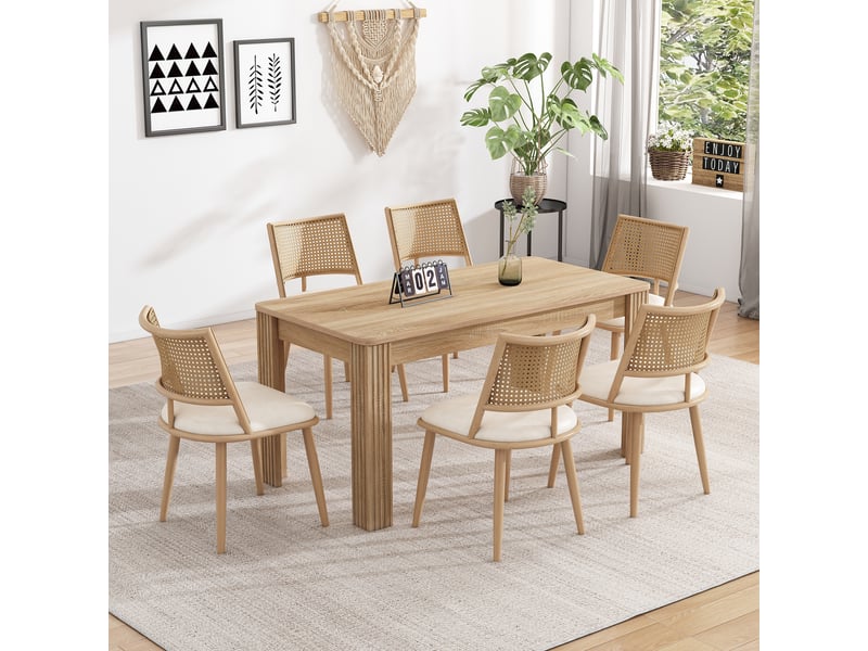  Lot de 6 chaises de salle à manger légères à dossier ajouré  - assise rembourrée en pu et rotin - beige  - Conforama B