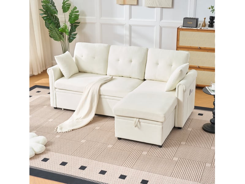  Canapé d'angle convertible 3 places avec coffre, méridienne réversible et poche latérale en chenille beige  - Conforama D