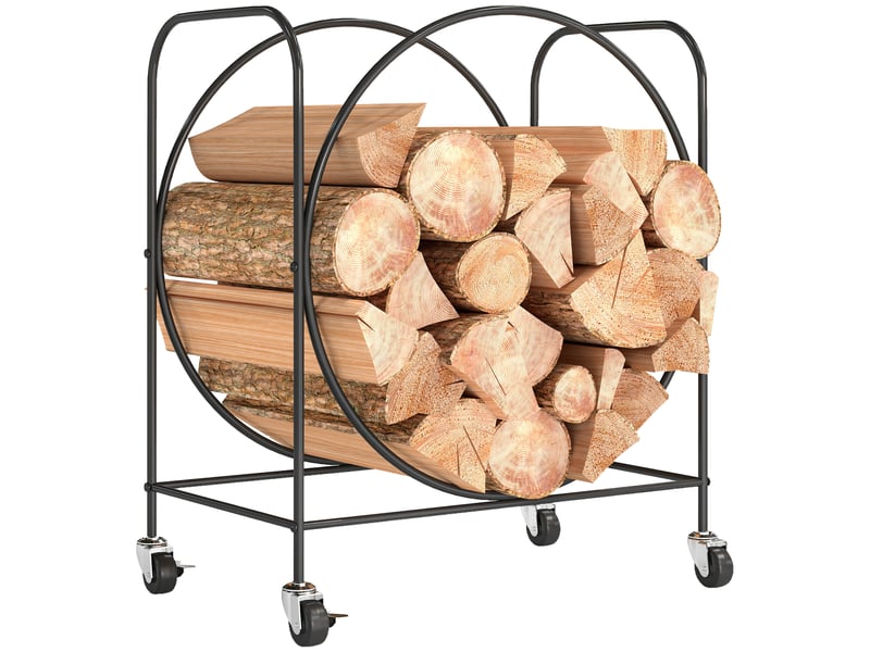  Porte-bûches métallique sur roulettes, double anneau, 20 kg, 51 x 30 x 60 cm, noir  - Conforama A
