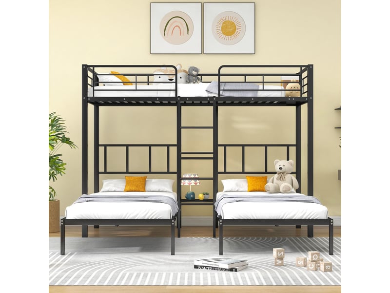  Lit superposé triple 90x200 cm, lit trio enfant et ado gain de place avec échelle et bureau, métal 3 couchages, noir  - Conforama C