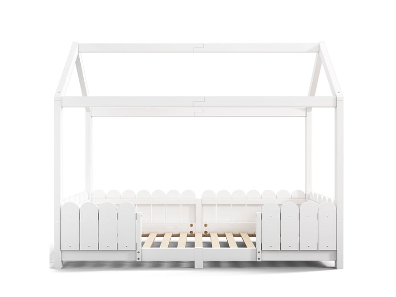  Lit cabane enfant 90x200cm - blanc pin massif barrière anti-chute - lit enfant - design montessori au sol sommier inclus  - Conforama D