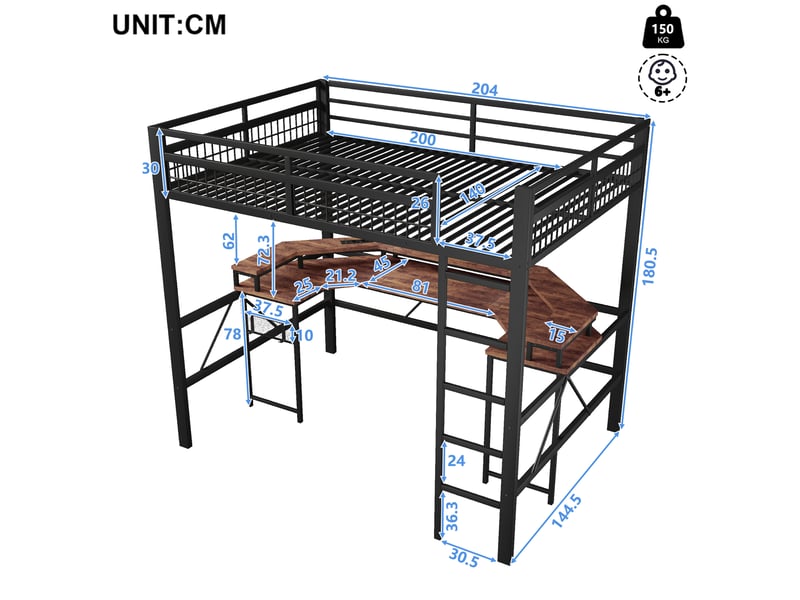  Lit mezzanine 140 x 200 cm sans matelas, structure métal, bureau, led, usb et type-c, prises, panneau perforé, noir  - Conforama B