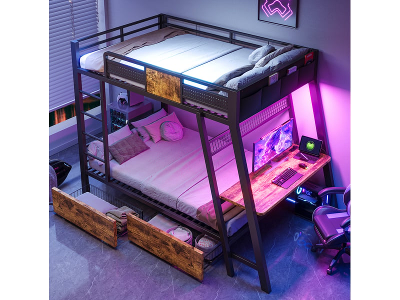  Lit superposé, 90 x 200 cm, mobilier enfant, avec bureau intégré, led, matelas non inclus, mdf et métal, coloris noir  - Conforama B
