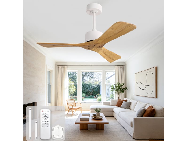  Ventilateur de plafond 104 cm sans éclairage, 3 pales en bois blanc et naturel  - Conforama B
