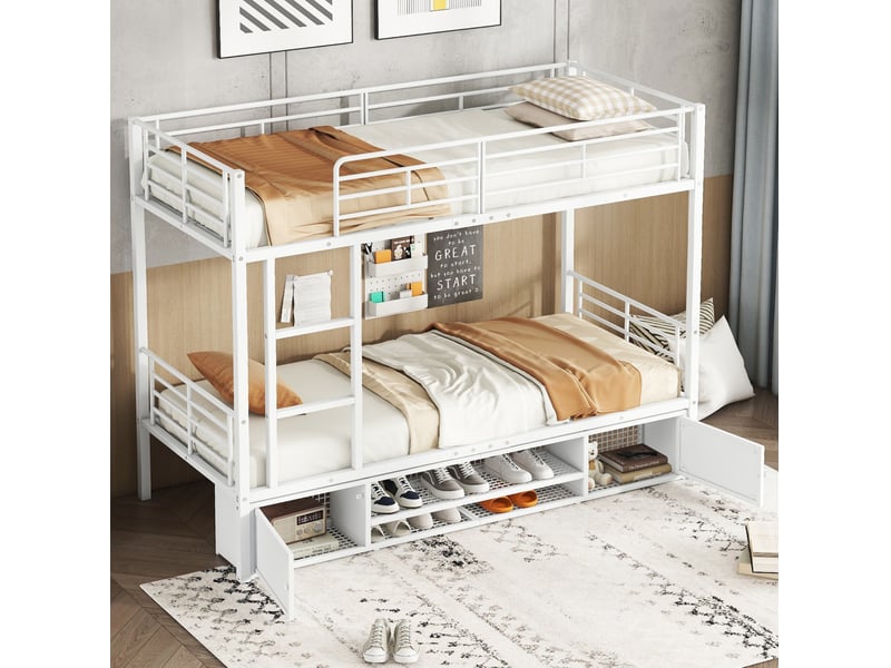  Modenvie lit superposé 90x200 cm - structure en métal, rangement chaussures, sans matelas - blanc  - Conforama D