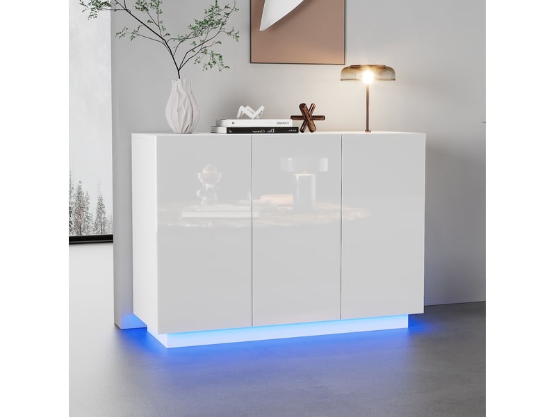 Buffet bas blanc 120x40x75 cm - meuble rangement cuisine avec 3 portes haut gloss et étagères intérieures - Conforama B