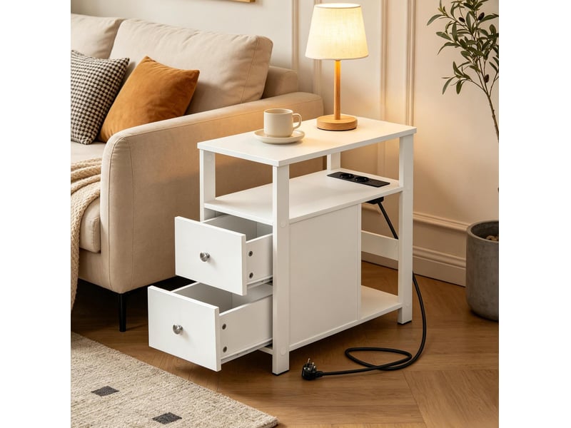  Table d’appoint rectangulaire 60x30x60 cm avec prises et tiroirs en bois blanc  - Conforama E