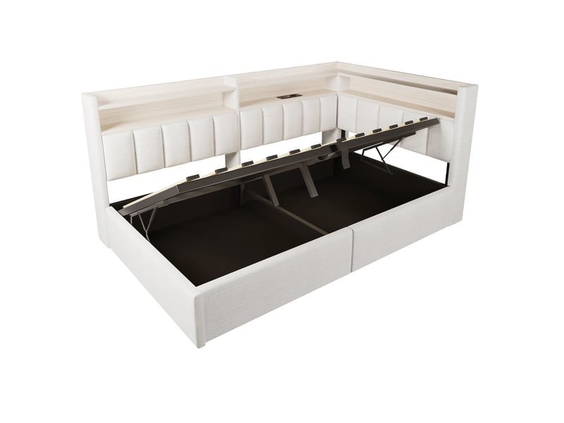  Lit coffre 90 × 200 cm en velours blanc cassé, led, usb-ac et module latéral réversible Fay Lum - Conforama D