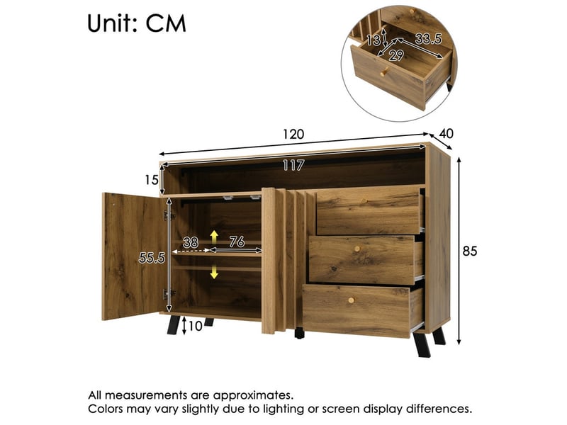 Buffet cuisine, meuble de rangement, avec 3 tiroirs, 2 portes et compartiment ouvert, 120 x 40 x 85 cm, pour salon, cuisine et salle à manger, brun clair - Conforama C