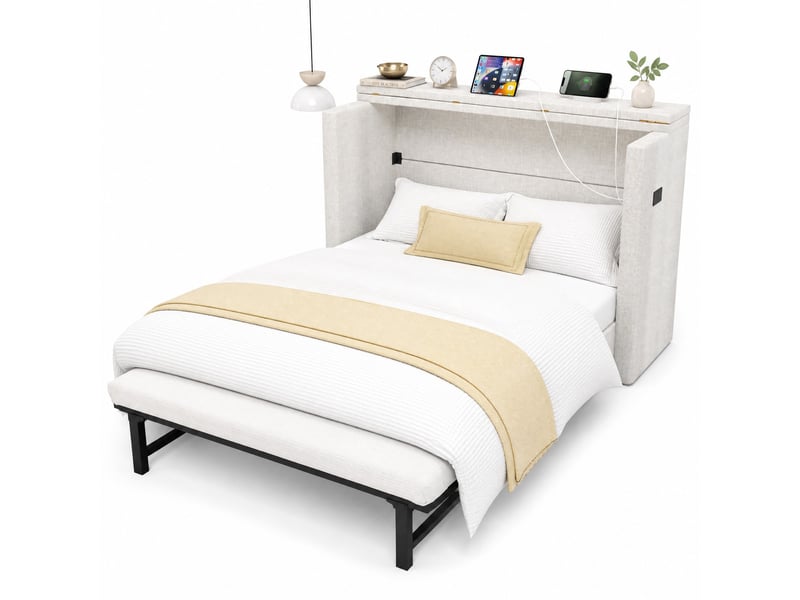  Lit escamotable 140x200 cm beige avec tiroir, usb et type-c, convertible en armoire  - Conforama A