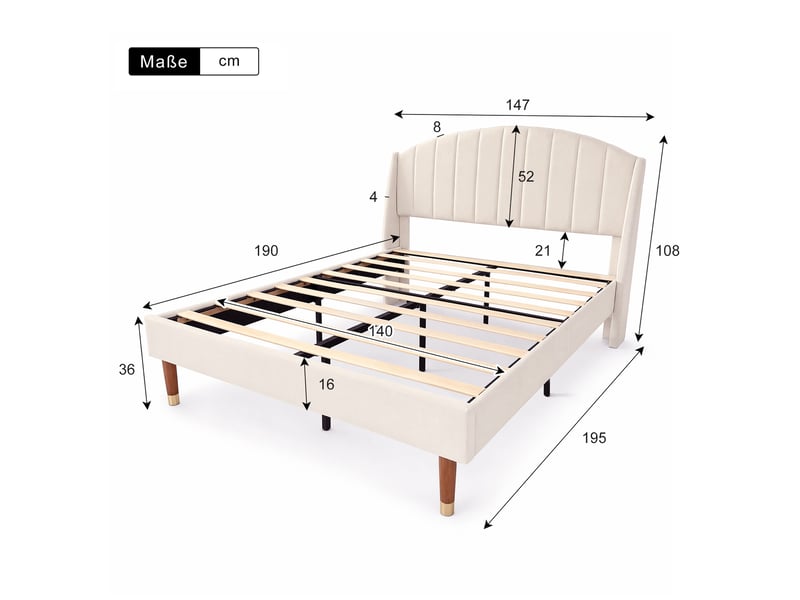  Lit 140x190 cm - lit double 140x190 cm , tête de lit arquée capitonnée et pieds coniques sommier inclus - en lin beige  - Conforama E