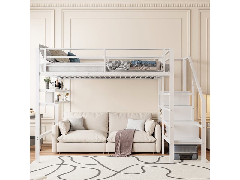  Lit mezzanine enfant 140x200 cm, échelle de rangement, étagère, sommier, métal blanc, sans matelas  - Conforama B