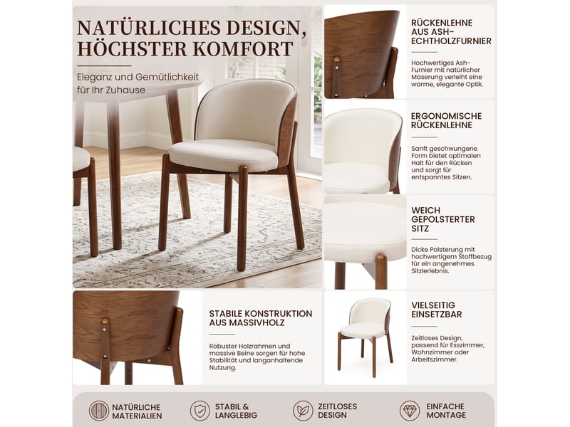 Chaises de salle à manger lot de 4 avec dossier enveloppant et rembourrage 25d en bois couleur noyer et tissu beige - Conforama D
