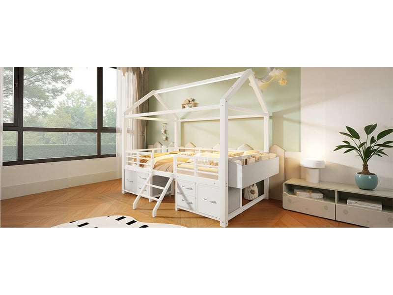  Lit superposé 90x200 cm avec toit et éclairage led blanc métal et mdf avec tiroirs en tissu et rangement Sol Morn - Conforama E