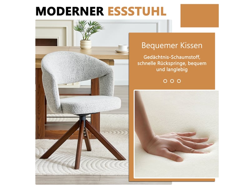 Lot de 2 chaises de salle à manger pivotantes 360° - dossier incurvé, pieds en bois massif, tissu gris clair - Conforama E