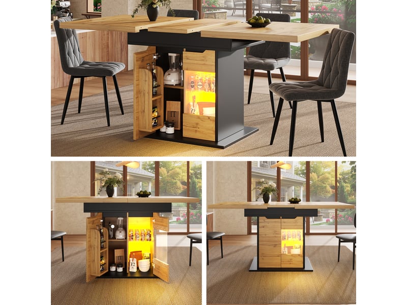  Table de cuisine rectangulaire avec allonge naturel+noir - 80x110-140max.cm led mdf table bicolore - Conforama B