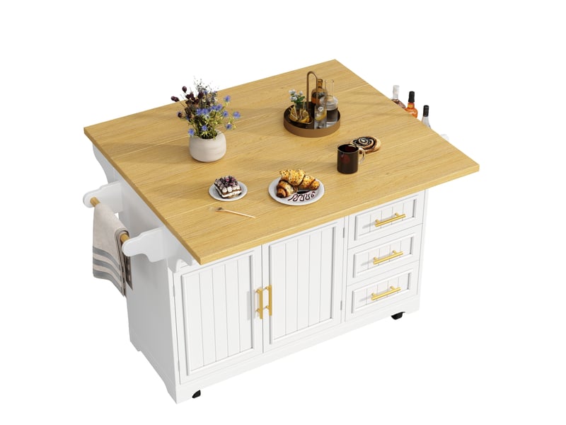  Îlot de cuisine mobile blanc en mdf avec plateau rabattable et 3 tiroirs  - Conforama A