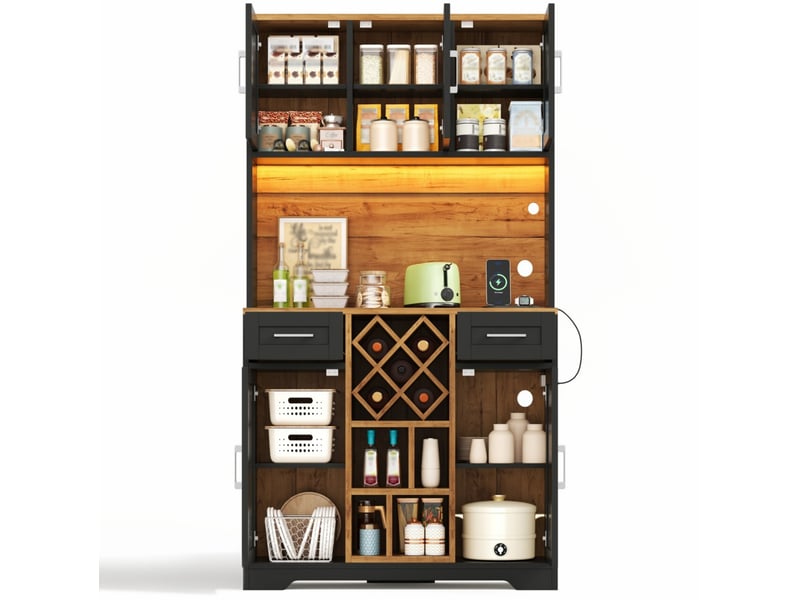  Buffet haut de cuisine 105x40x180 cm naturel et noir, mdf avec led rgb, 2 tiroirs et casier à vin amovible  - Conforama A