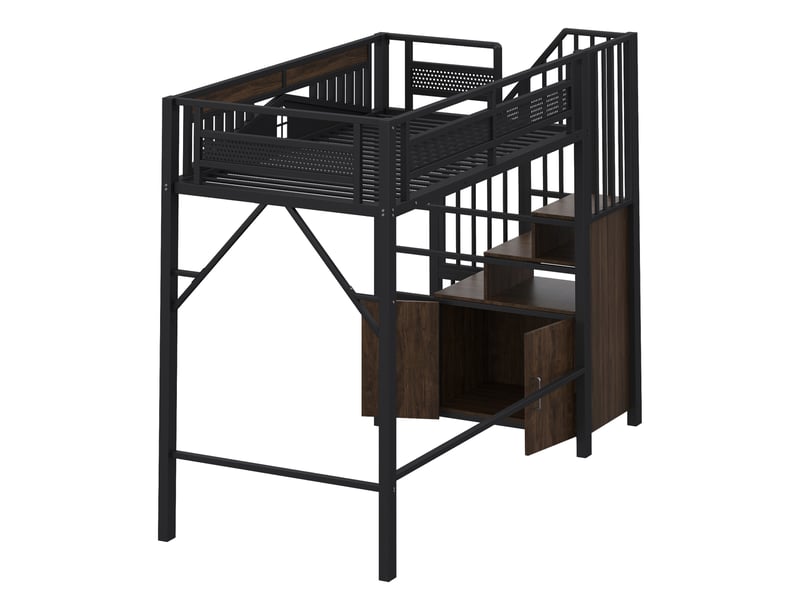  Lit mezzanine avec enceinte sécurisée et fenêtre, métal noir, 90x200 cm, échelle avec casier  - Conforama E