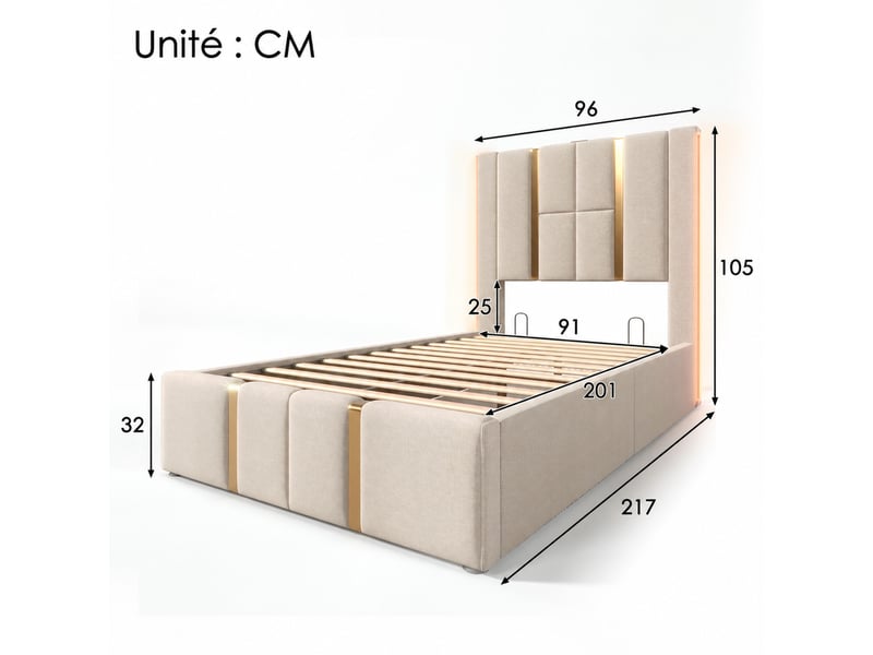  Lit coffre, lit simple en lin beige avec usb, type-c et led réglable, couchage 200x90 cm, sans matelas  - Conforama D