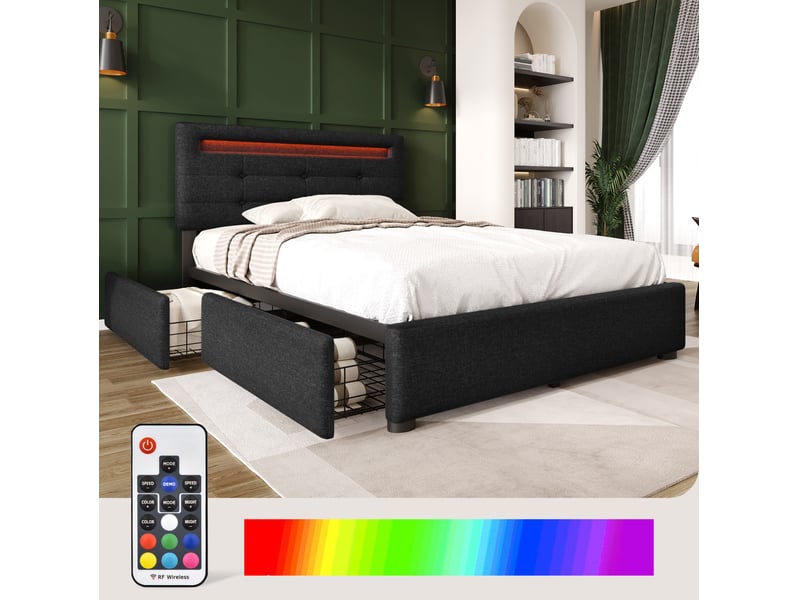  Lit rembourré 90 × 200 cm 1 place avec 2 tiroirs, led réglable, tête de lit ajustable, matelas inclus, noir  - Conforama E