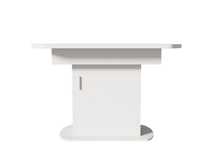 Table à manger ovale extensible avec rangement 110-130 x 70 x 75 cm en panneaux de particules, blanc et argenté