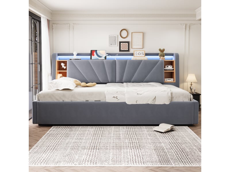  Lit coffre rembourré 90 x 200 cm – avec étagères – avec espaces de rangement – ​​avec éclairage led et port usb – gris foncé (matelas non inclus)  - Conforama D
