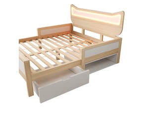 Lit enfant 140x200 avec oreilles de chat et éclairage led rgb - tiroir et rangement - blanc et chêne