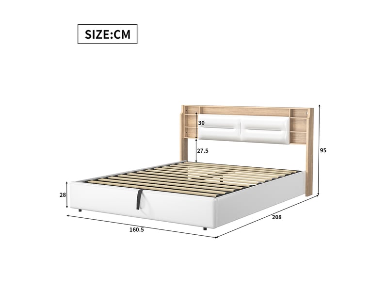  Lit coffre 160x200 cm, led lit double avec sommier hydraulique, tête de lit avec espace de rangement dissimulé, cadre lits pour adulte et adolescent, blanc pu lit capitonné  - Conforama B