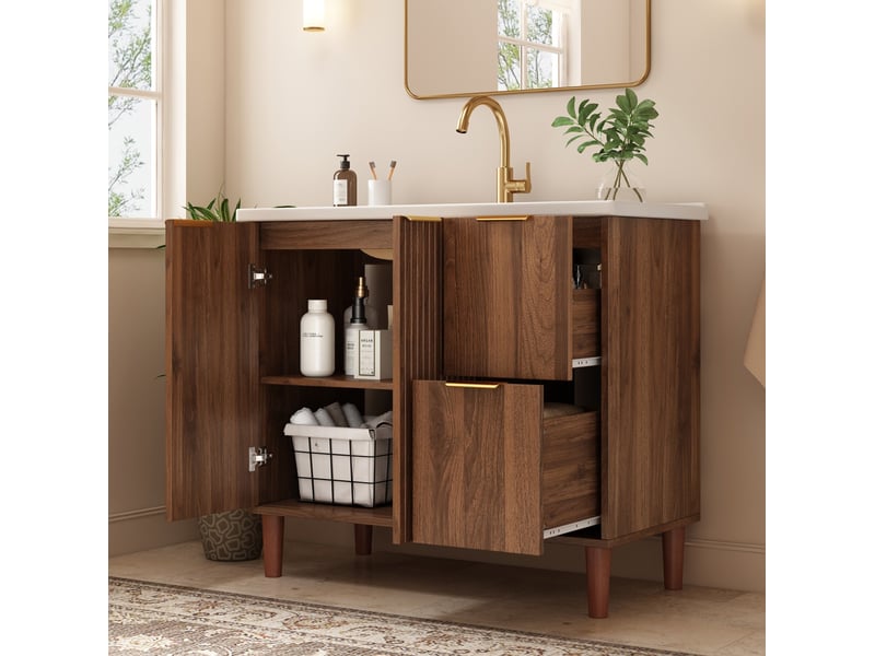  Meuble vasque salle de bains 91x47x87 cm, 2 portes, 2 tiroirs, coloris noyer  - Conforama D