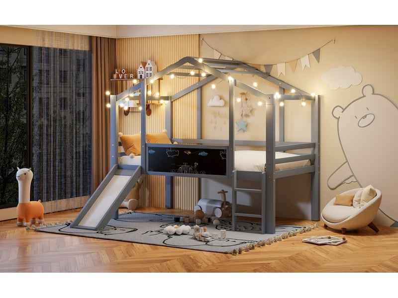 Lit mezzanine enfant 90 x 200 cm avec toboggan, échelle, tableau et barrières gris  - Conforama D