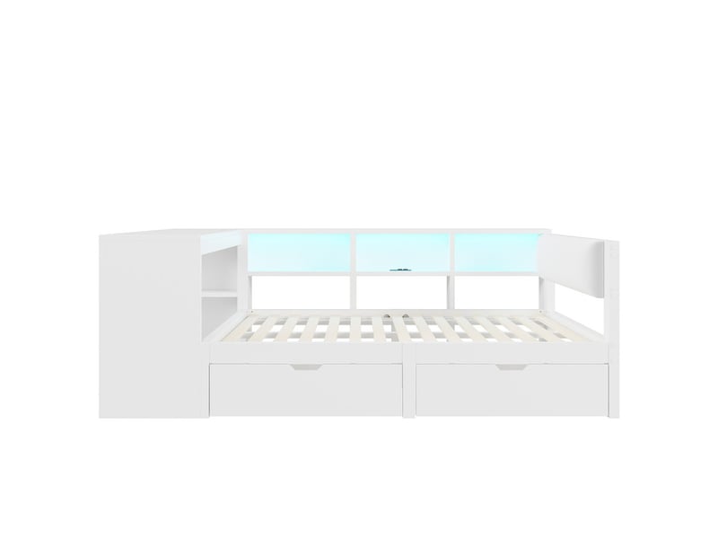 Lit plateforme en bois, 140x200 cm, avec espaces de rangement, tiroirs, station de charge et éclairage led multicolore, blanc - Conforama A