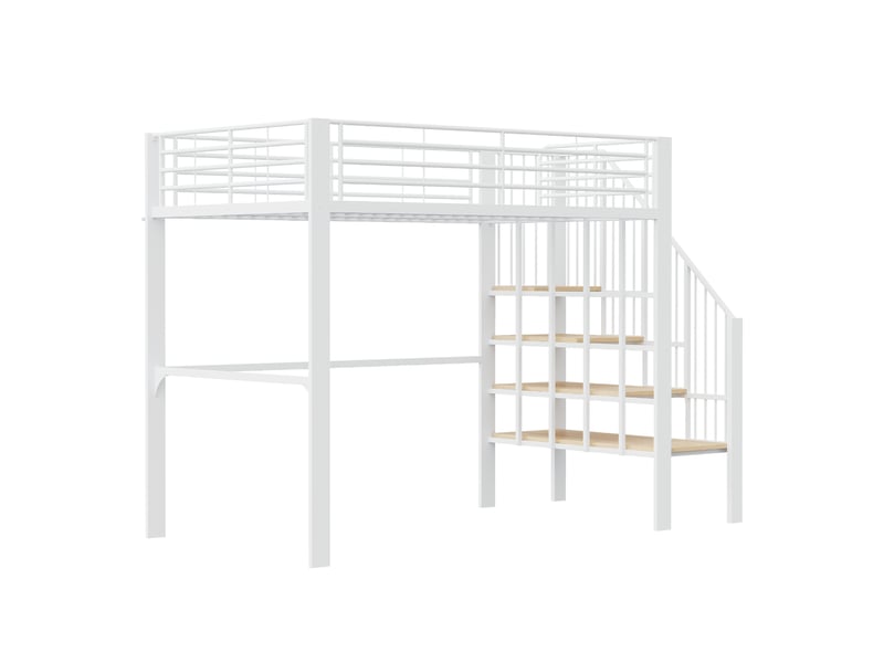  Lit mezzanine 140x200 avec espace de rangement sous le lit et escalier sécurisé, structure en métal pour enfants et adultes, blanc.  - Conforama E