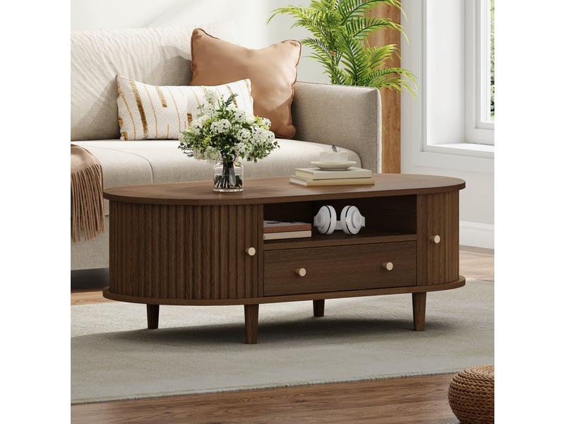 Table basse ovale, avec 1 tiroir, rangement ouvert et 2 portes coulissantes, mdf, noyer, 100 × 50 × 36 cm - Conforama B