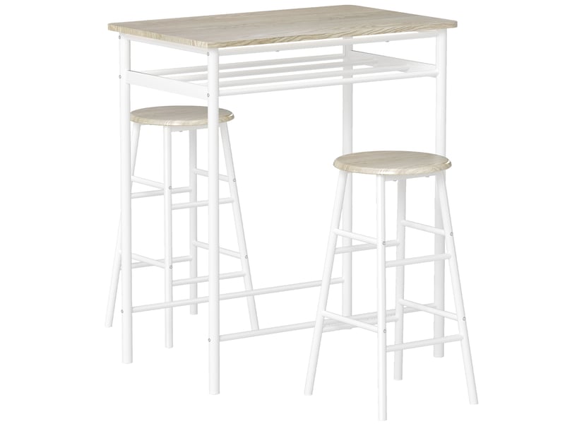  Ensemble table de bar avec tabourets, table à manger debout avec 2 chaises, étagère et pieds en métal, 80x50x90cm, blanc  - Conforama A